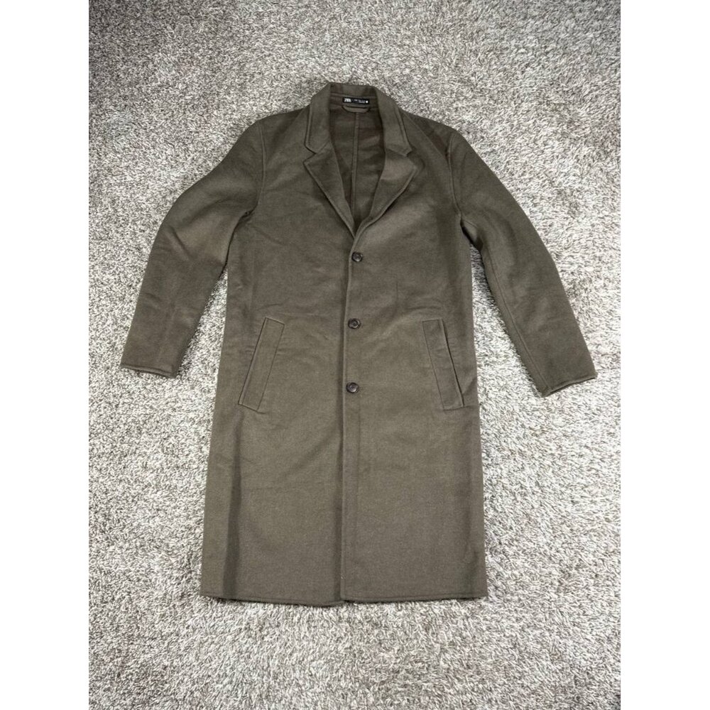 ZARA Women’s Wool Blend Long Coat Olive Green Button Front Size S